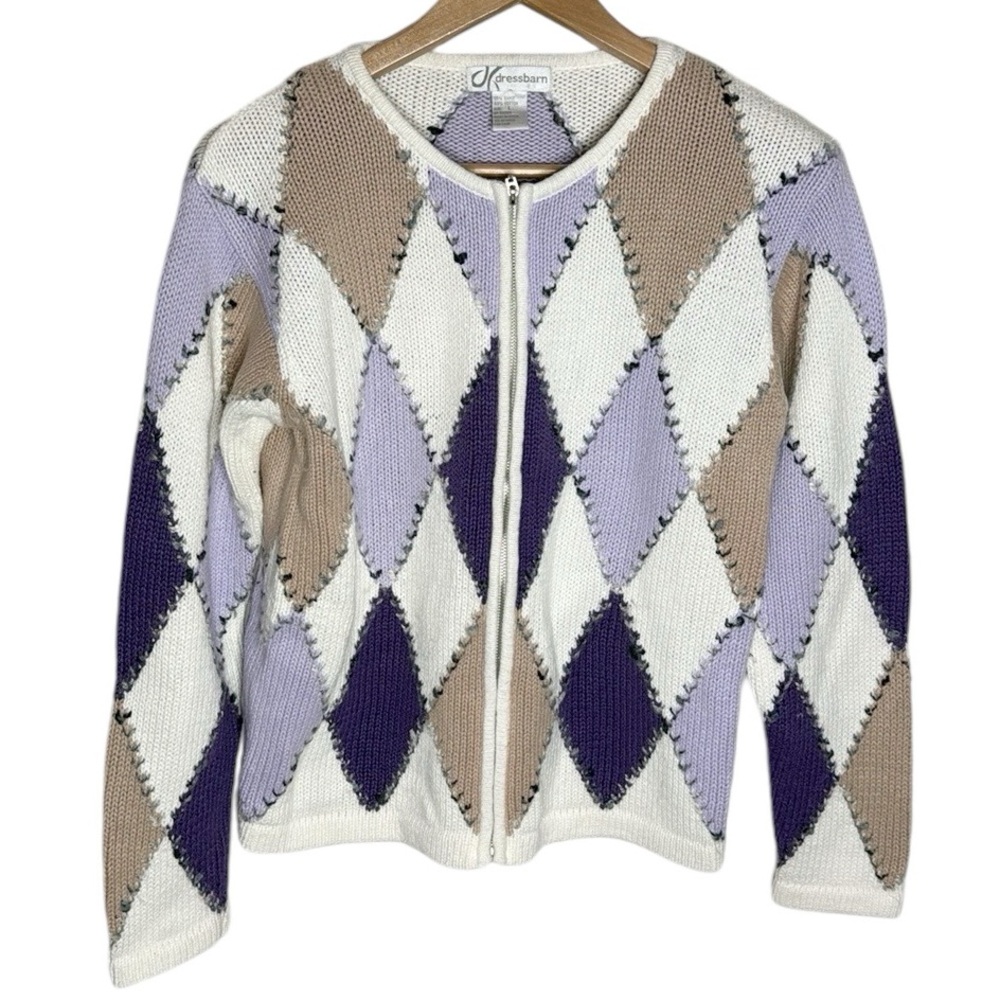 Vintage Dressbarn 90s Zip up Argyle White Tan Purple Chunky Knit Sweater size L
